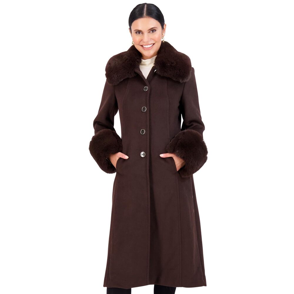 Vince Camuto Women's Wool Trench Peacoat with Fur Collar, Espresso, Size XL